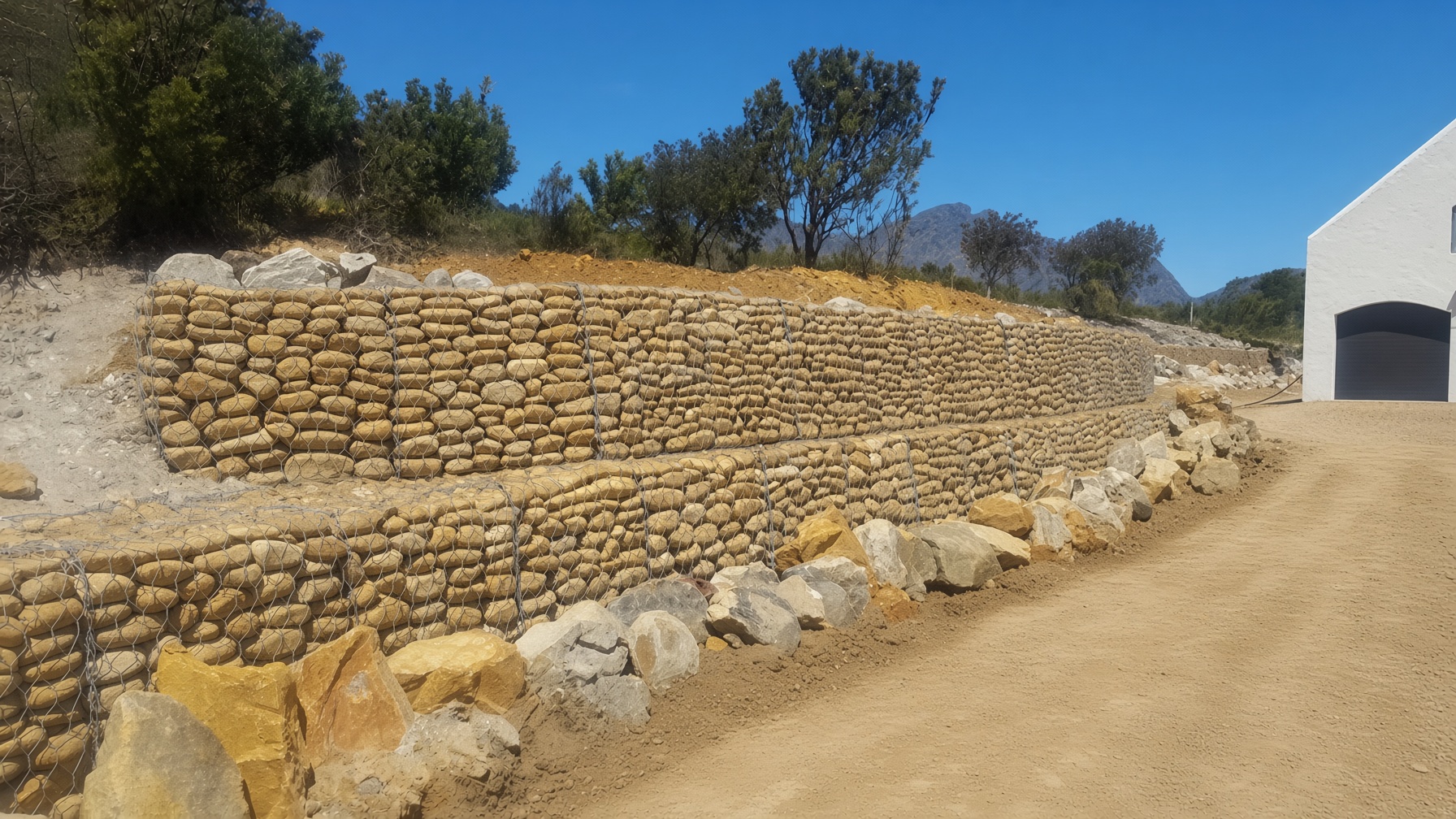 Long gabion retaining wall filled with natural river stones by CSA Landscaping, professional hardscaping and retaining wall specialists in the Boland and Cape Winelands, Franschhoek estate.