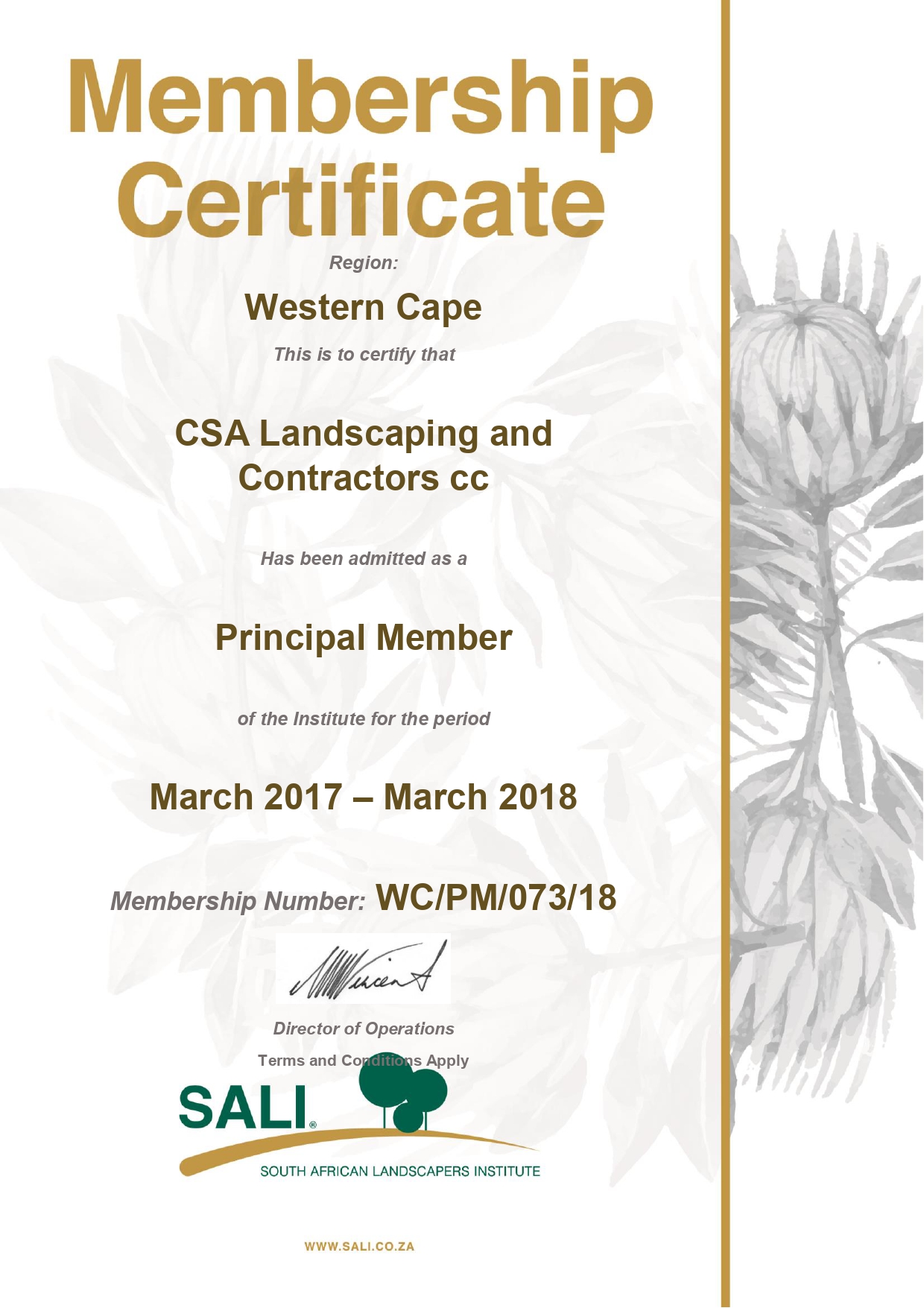 SALI Membership Certificate 2017–2018 – CSA Landscaping & Contractors as Principal Member, Western Cape
