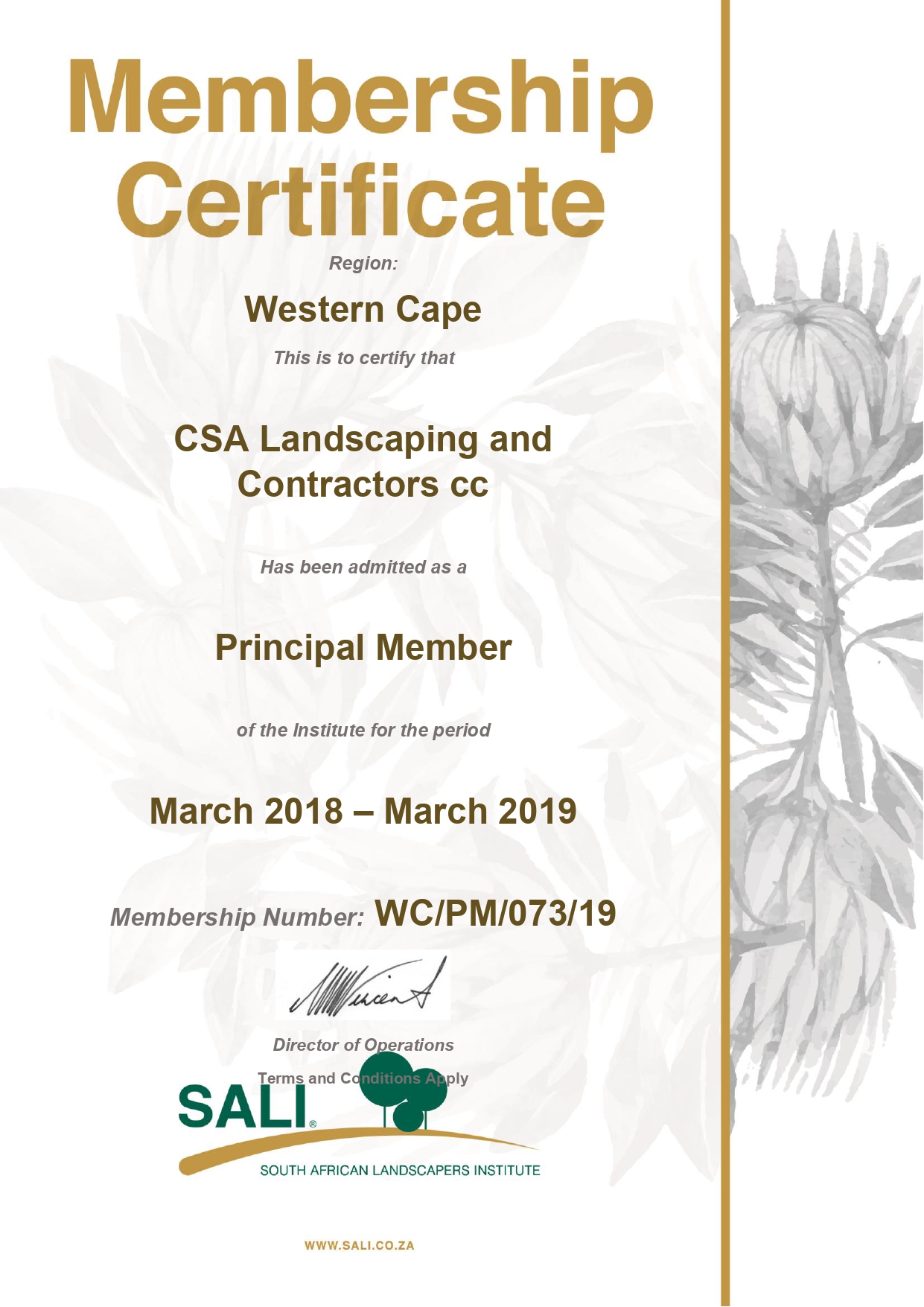 SALI Membership Certificate 2018–2019 – CSA Landscaping & Contractors as Principal Member, Western Cape