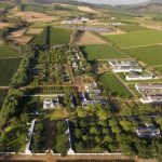 Aerial drone view of Babylonstoren Estate showing the structured gardens, vineyards, and estate buildings with the Simonsberg mountains in the background - Estate & Gardens maintained by CSA Landscaping