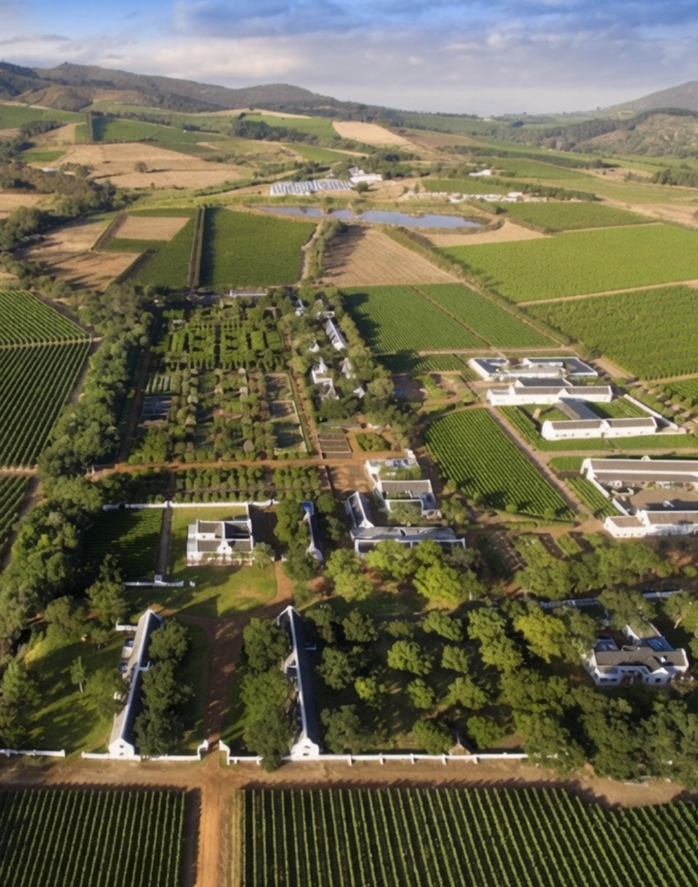 Aerial drone view of Babylonstoren Estate showing the structured gardens, vineyards, and estate buildings with the Simonsberg mountains in the background - Estate & Gardens maintained by CSA Landscaping