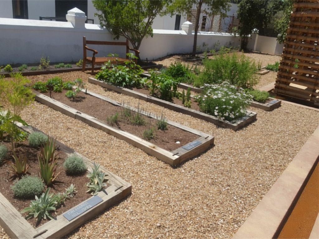 CSA Landscaping installed this structured herb and vegetable garden at Babylonstoren Estate, featuring custom raised timber beds, gravel pathways, and a mix of culinary herbs and seasonal vegetables.