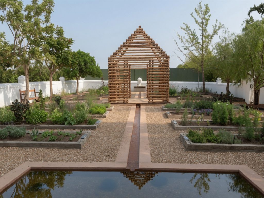 CSA Landscaping contributed to the structured garden at Babylonstoren Estate, featuring raised vegetable and herb beds, a striking wooden pergola, and an elegant water feature running through the centre of the garden.