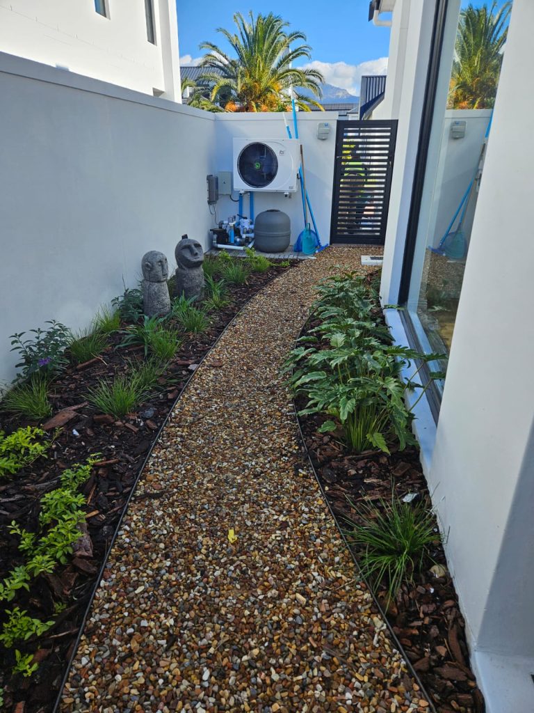 Curved pebble pathway with bark-mulch beds planted with Philodendron Xanadu, ornamental grasses and low green shrubs at a modern home in The Acres, Pearl Valley, Paarl, by CSA Landscaping, leading landscapers in the Boland and Cape Winelands