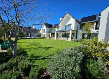 Open lawn framed by rosemary, silver foliage shrubs, citrus and olive trees at a Val de Vie private residence, Paarl, by CSA Landscaping, leading landscapers in the Boland