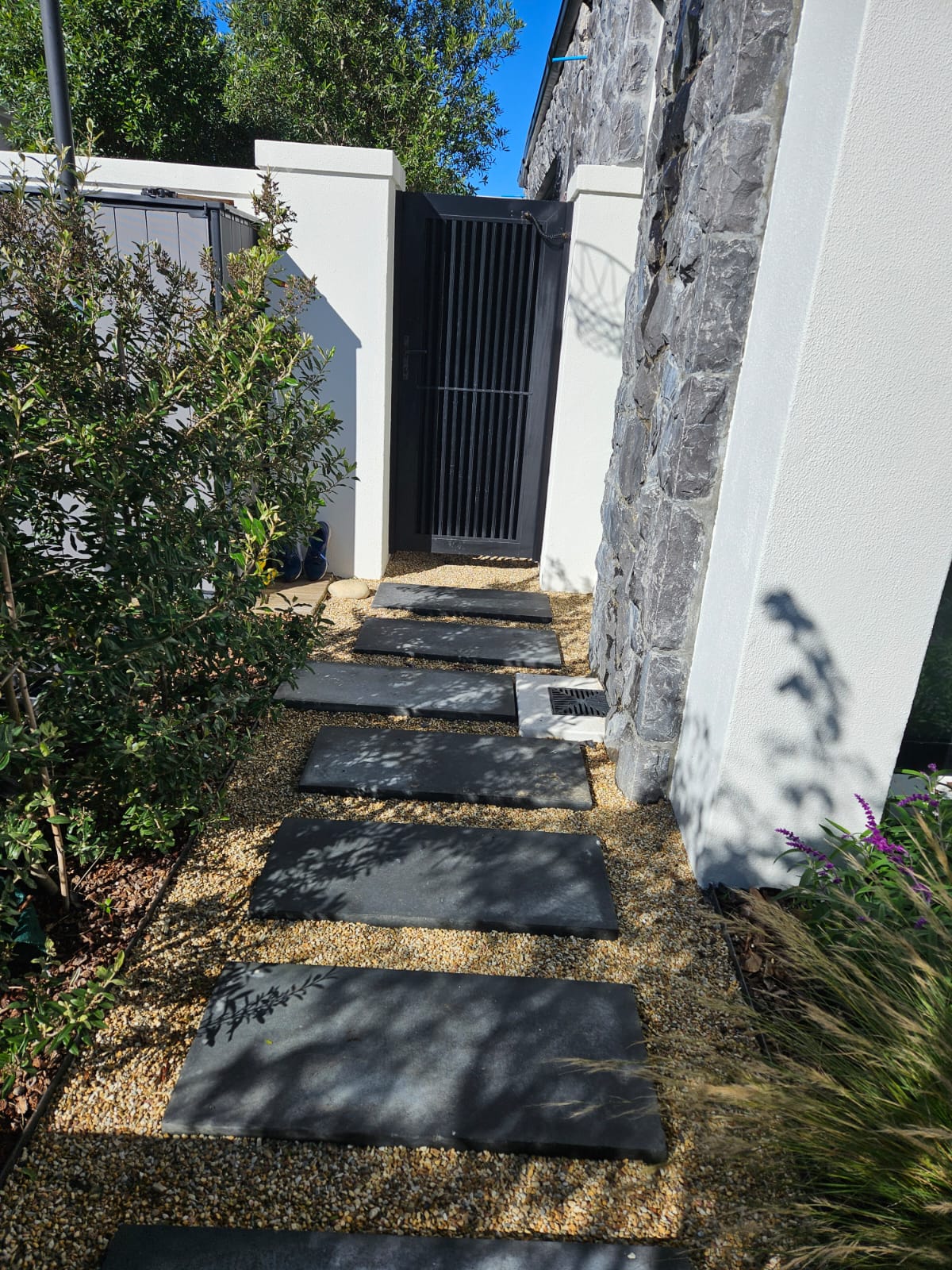 Dark stepping-stone path set in gravel beside olive planting, ornamental grasses and stone cladding at Val de Vie, Paarl, by CSA Landscaping, leading Cape Winelands landscapers